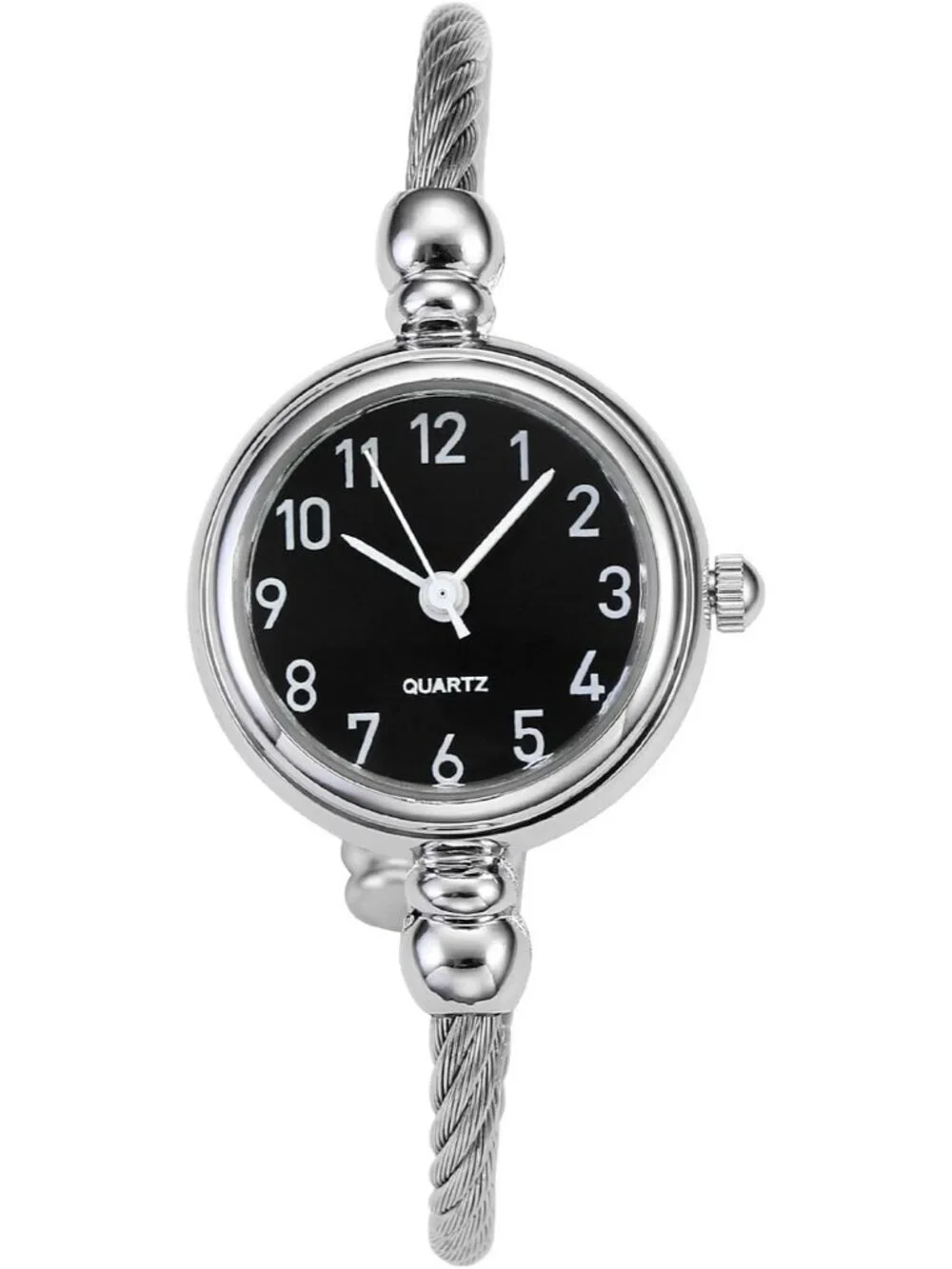 Women's Silver Black Analog Stainless Steel Arabic Numerals Wrist Bracelet Watch
